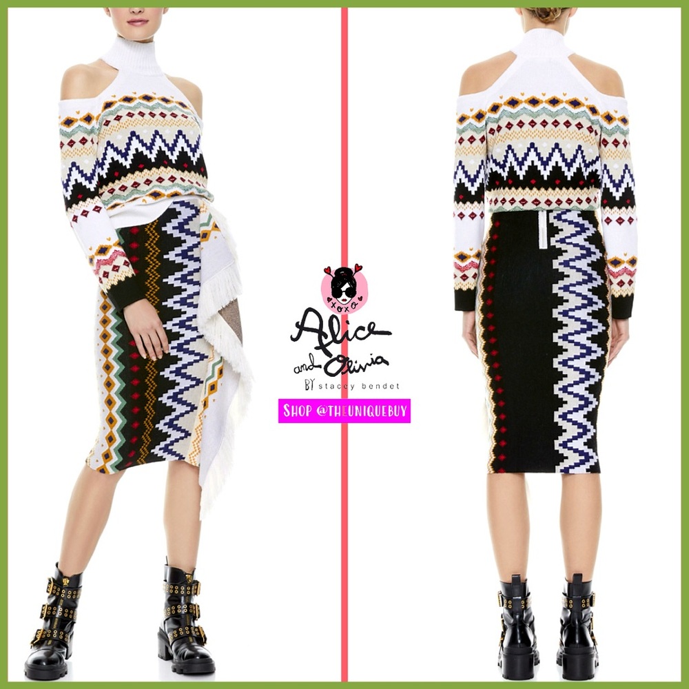 Alice + Olivia White Black Multicolor Geometric Midi Skirt